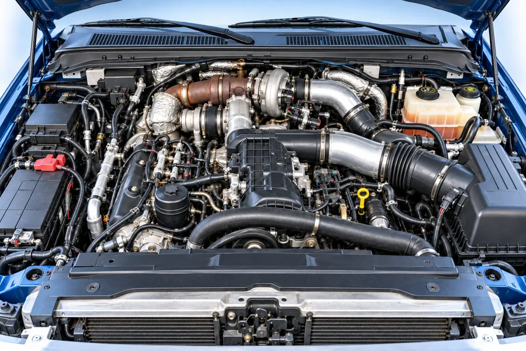 6.4 Powerstroke sensor location diagram showing 2008–2010 Ford Super Duty engine sensor areas