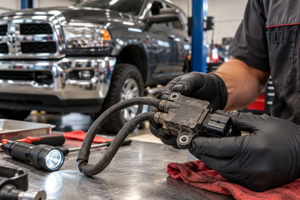 Technician inspecting DPF differential pressure sensor hoses on a Ram diesel