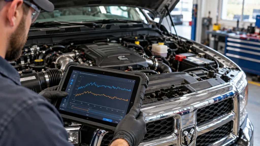 Technician comparing commanded and actual rail pressure on a Cummins diagnostic scanner
