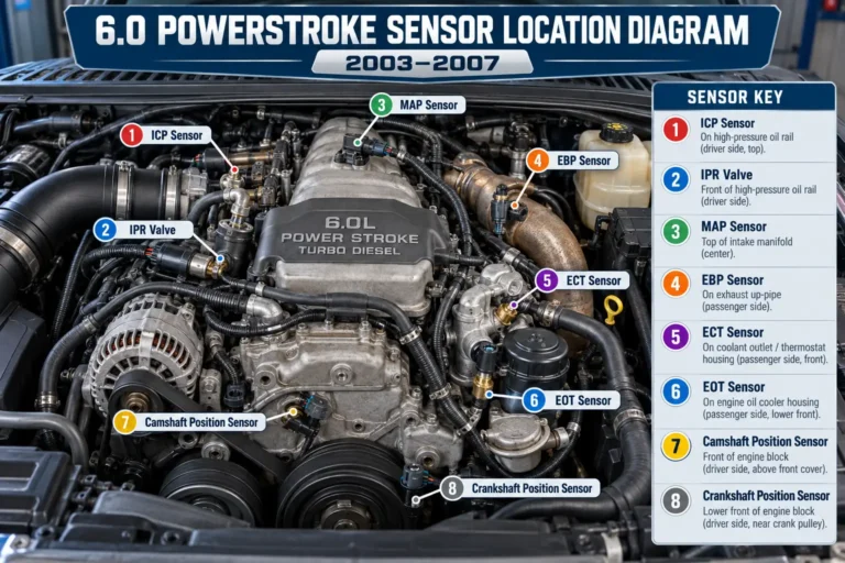 6.0 Powerstroke sensor location diagram for 2003–2007 showing ICP, IPR, MAP, EBP, ECT, EOT, camshaft and crankshaft sensors