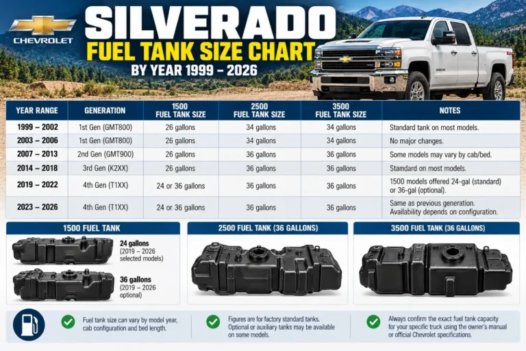 Chevy Silverado fuel tank size chart from 1999 to 2026, comparing 1500, 2500, and 3500 fuel capacities in gallons.