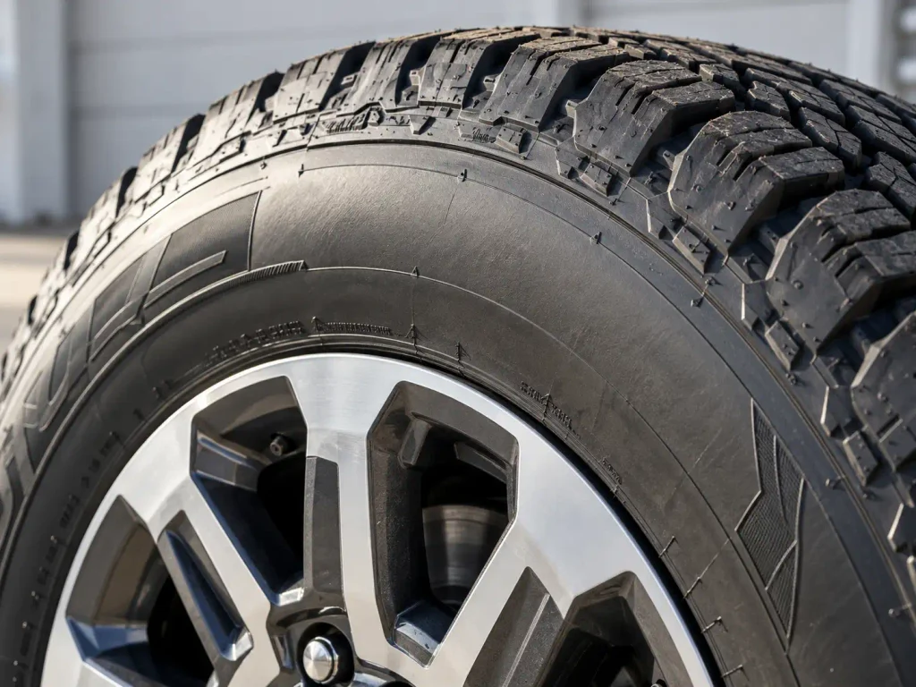 Close-up of truck tire sidewall showing tire-size identification markings