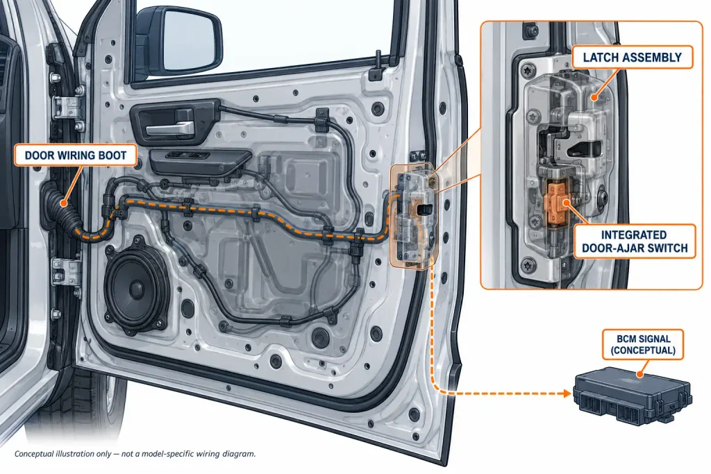 Diagram locating integrated door ajar switch inside Ram 1500 door latch