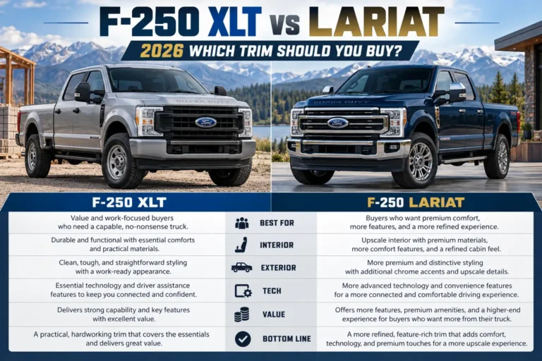2026 Ford F-250 XLT vs Lariat comparison showing exterior styling, interior features, technology, comfort, and value differences.