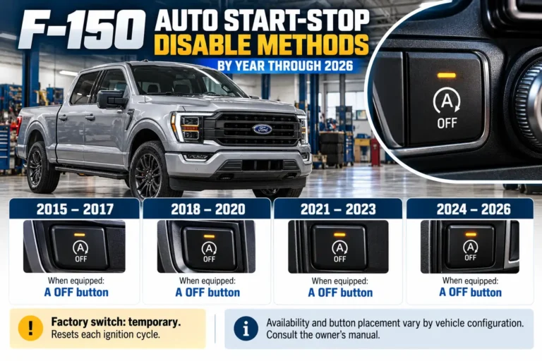 Ford F-150 Auto Start-Stop disable methods by year through 2026, showing the dashboard A OFF button and model-year comparisons