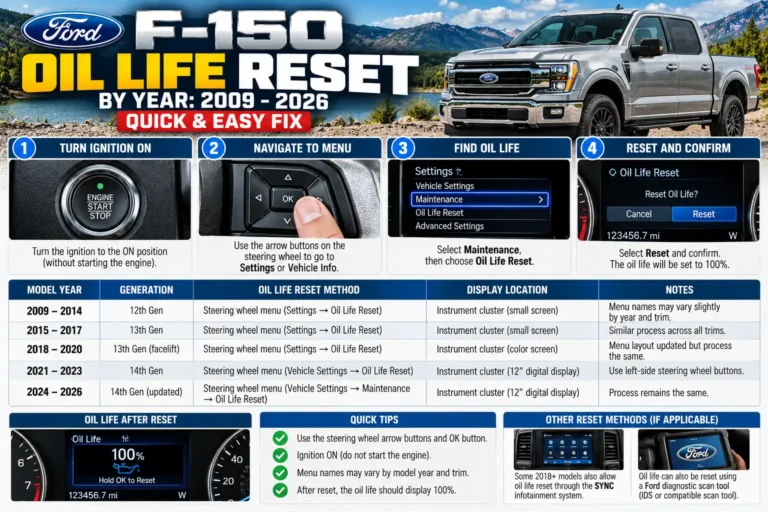 Ford F-150 oil life reset guide for 2009–2026 showing dashboard settings, steering wheel controls, and reset steps.