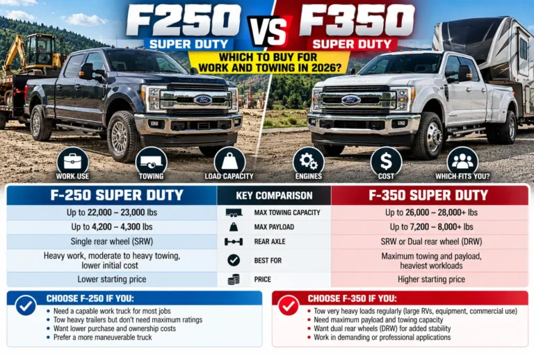Ford F-250 vs F-350 Super Duty comparison for 2026, showing work, towing capacity, payload, and key differences.