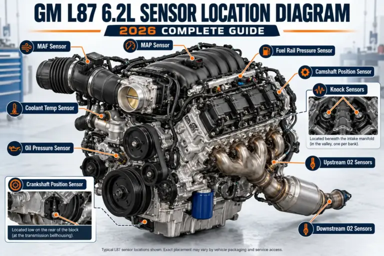 GM L87 6.2L V8 sensor location diagram showing MAF, MAP, oil pressure, coolant temperature, camshaft, crankshaft, knock, fuel rail pressure, and oxygen sensors.