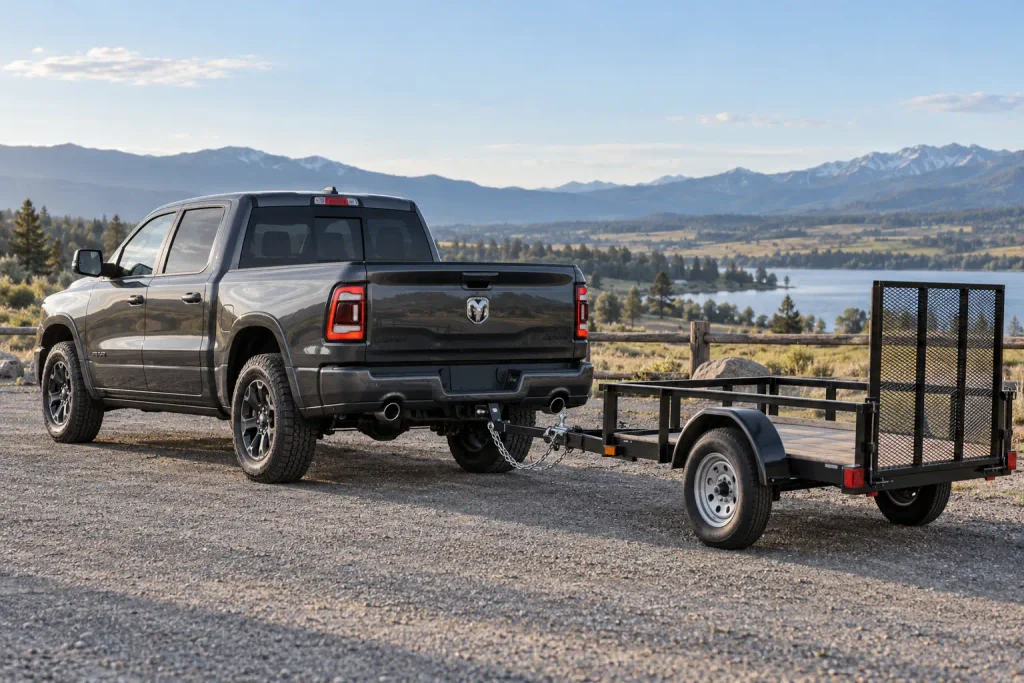 2026 Ram 1500 Crew Cab with a small utility trailer