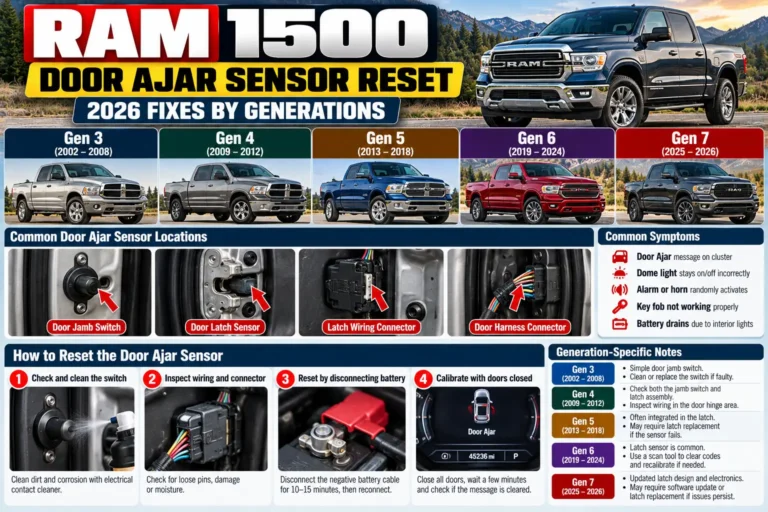 Ram 1500 door ajar sensor reset guide showing latch sensors, wiring checks, and warning light diagnosis.