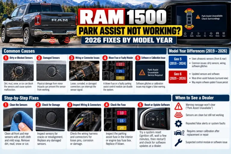 Ram 1500 Park Assist not working troubleshooting guide showing parking sensors, common problems, and fixes for 2019β2026 trucks.