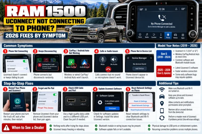 Ram 1500 Uconnect not connecting to phone troubleshooting guide showing Bluetooth pairing, CarPlay issues, and 2026 fixes by symptom.