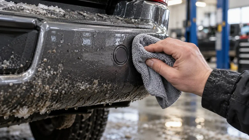 Soft cloth cleaning dirt from a Ram 1500 rear ParkSense sensor