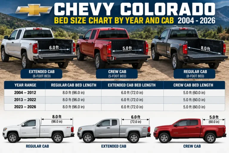 Chevy Colorado bed size chart by year and cab from 2004 to 2026, comparing regular, extended, and crew cab bed lengths