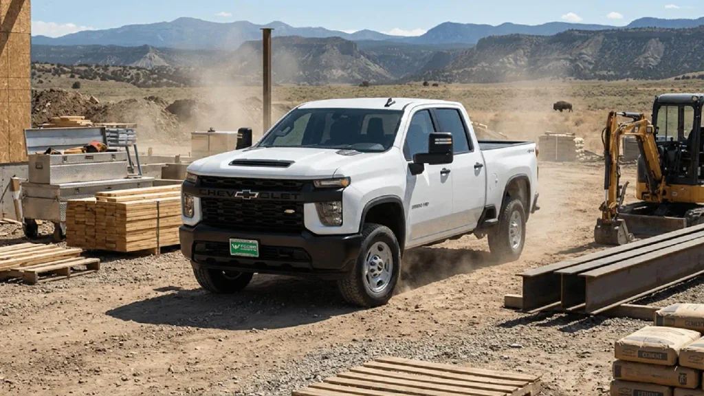 Chevy Silverado 2500HD long bed pickup parked at a worksite