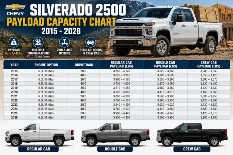 Chevy Silverado 2500 payload capacity chart for 2015–2026, comparing gas engine, drivetrain, and cab configurations