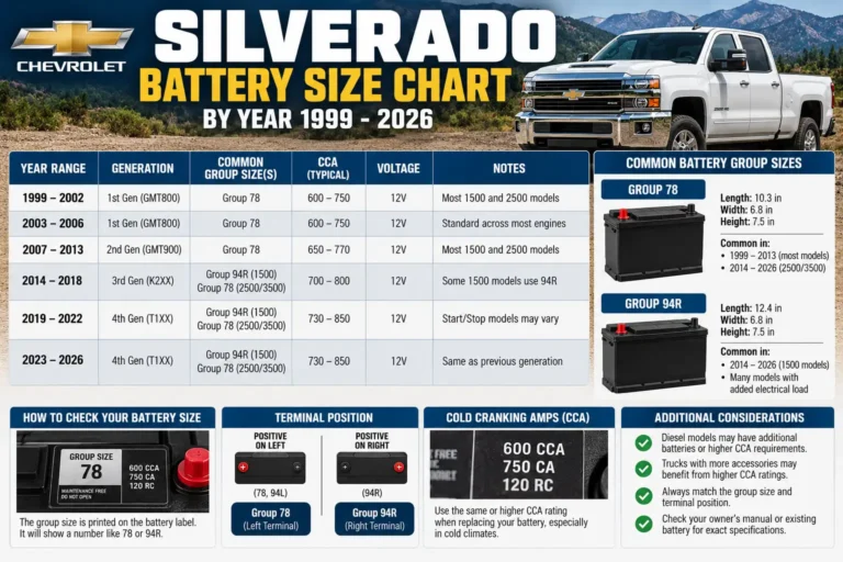 Chevy Silverado battery size chart by year from 1999 to 2026, comparing Group 78 and 94R batteries, CCA ratings, and dimensions