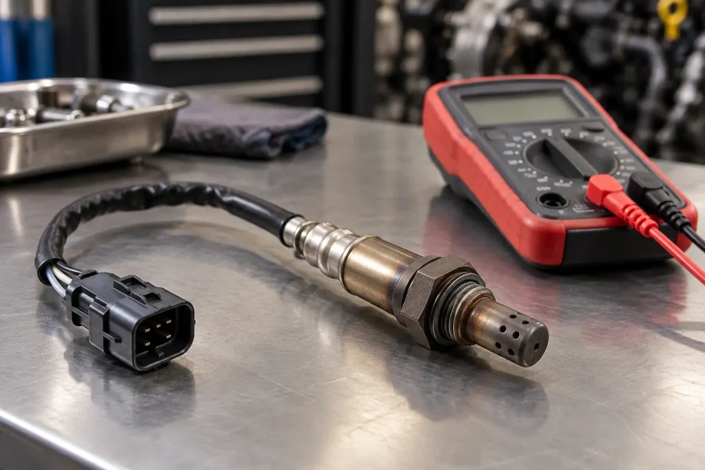 Automotive oxygen sensor and digital multimeter on a workbench
