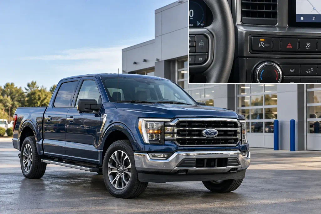Ford F-150 dashboard Auto Start-Stop control with pickup visible outside