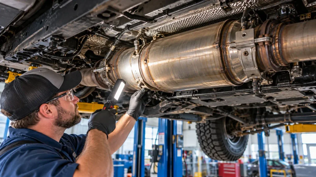 Diesel technician inspecting a DPF exhaust assembly beneath a Ford Super Duty truck