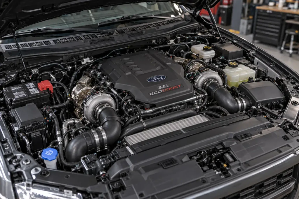Ford F-150 3.5 EcoBoost twin-turbo V6 engine bay with turbos and intercooler
