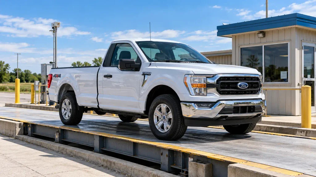 Ford F-150 pickup positioned on vehicle scale for actual weight check