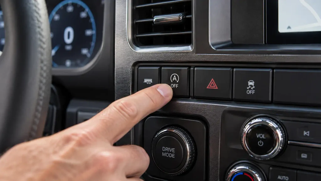 Finger pressing Ford F-150 factory Auto Start-Stop OFF switch on dashboard