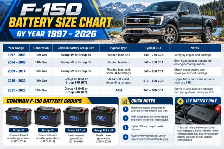 Ford F-150 battery size chart by year from 1997 to 2026, comparing Group 59, 65, H6, and H7 batteries with CCA ratings.