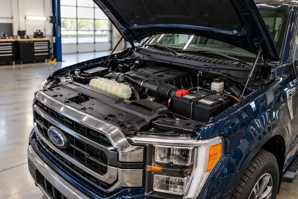 Ford F150 engine bay with 12-volt battery visible for size chart by year