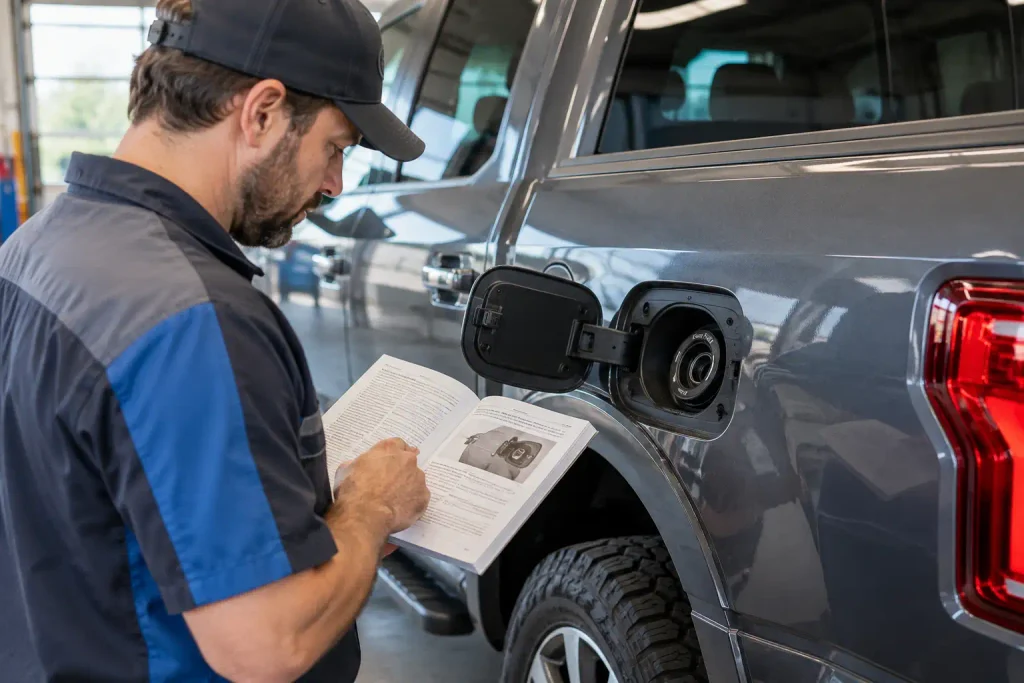 Technician checking a Ford F-150 owner's manual beside the open fuel filler door