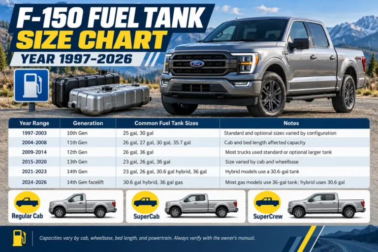 Ford F-150 fuel tank size chart from 1997 to 2026, comparing fuel capacities by generation, cab configuration, and model year