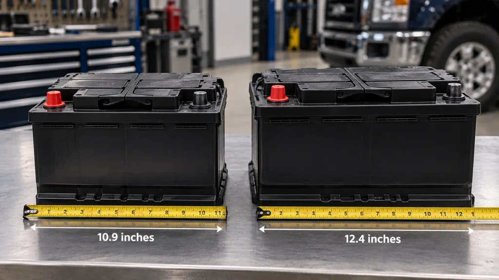 H6 and H7 truck batteries compared with a ruler for Ford F150 fitment