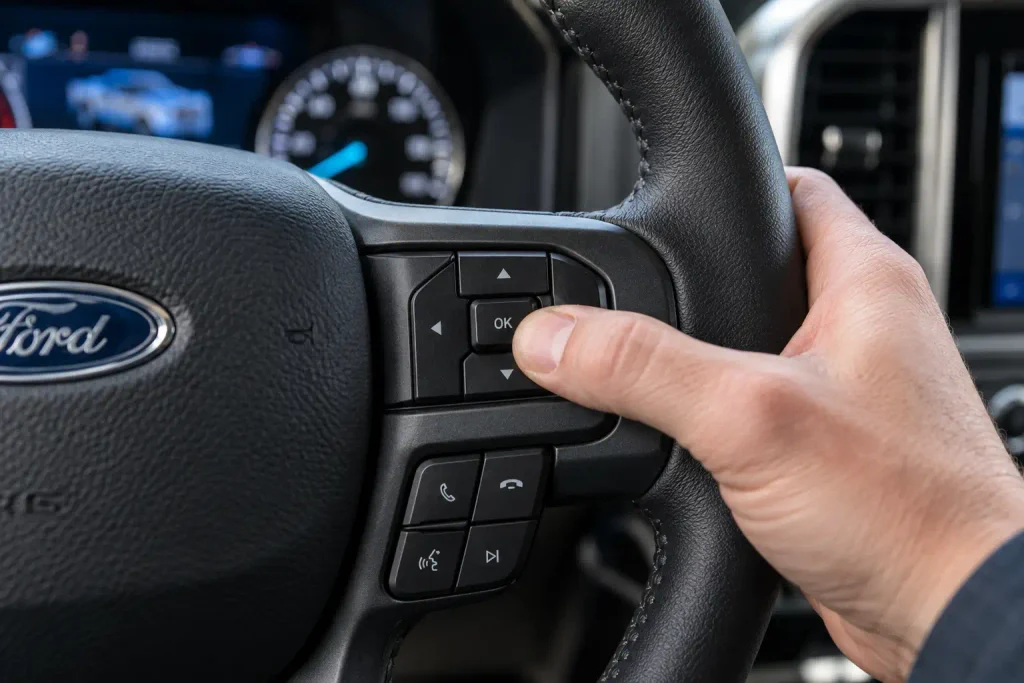 Ford F-150 driver pressing OK on the steering wheel during oil life reset