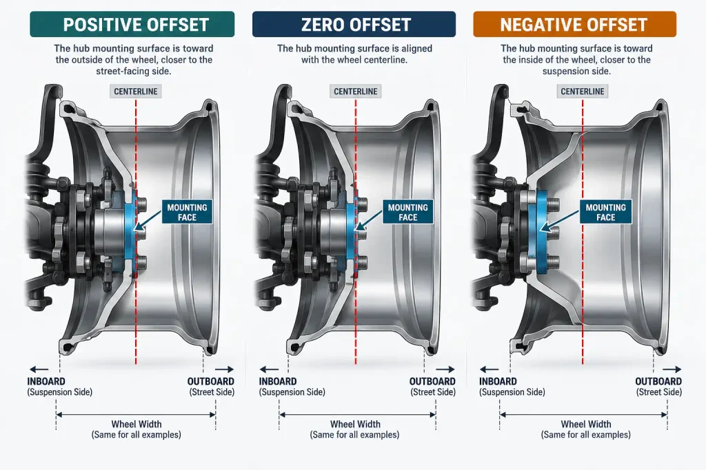Cross-section diagram comparing positive, zero, and negative Ford F150 wheel offsets