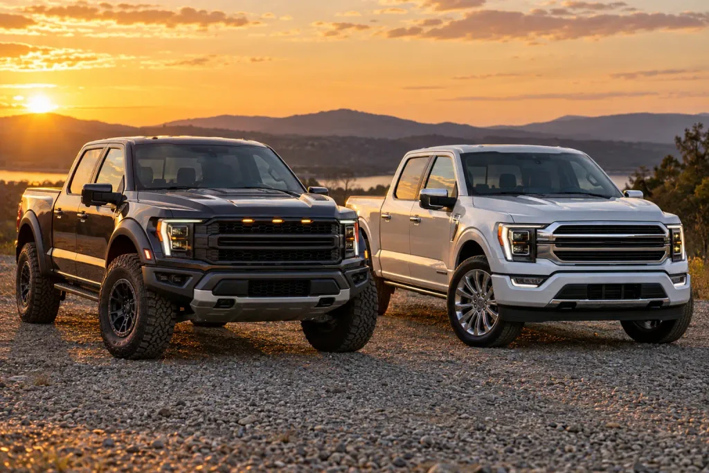 Ford F-150 Raptor and Limited pickups parked side by side outdoors