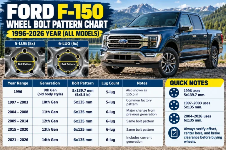 Ford F-150 wheel bolt pattern chart from 1996 to 2026, comparing 5-lug and 6-lug configurations by model year