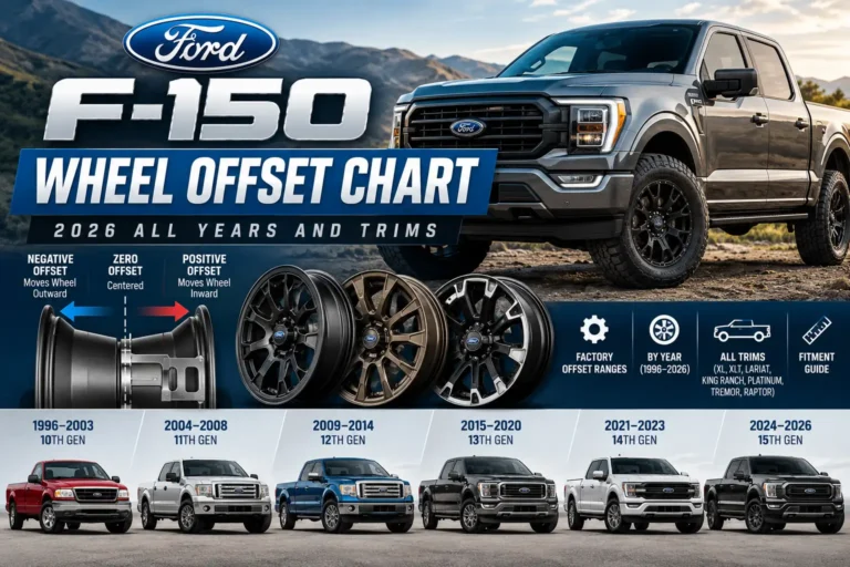 Ford F-150 wheel offset chart through 2026, showing truck generations, wheel designs, and positive, zero, and negative offsets.