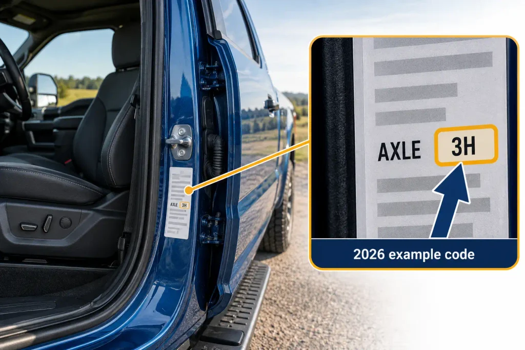 Ford F250 driver door label illustration highlighting the AXLE code field