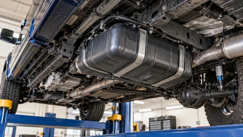 Factory-style Ford F250 fuel tank mounted beneath the chassis on a service lift