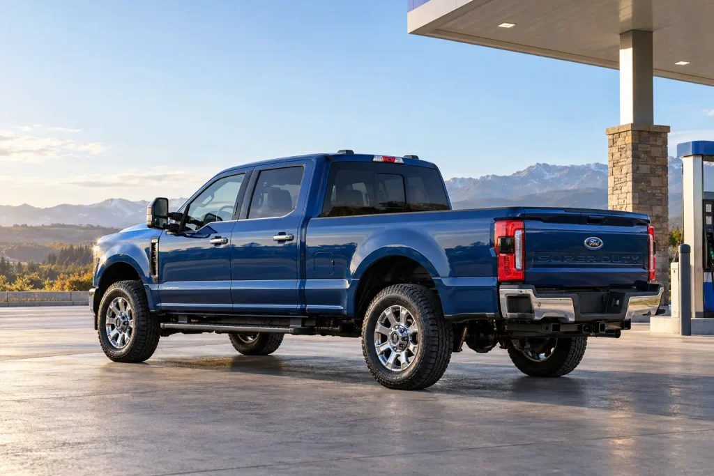 Ford F250 long-bed pickup parked beside a fuel pump in daylight