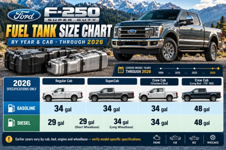 2026 Ford F-250 fuel tank size chart comparing gasoline and diesel capacities across Regular Cab, SuperCab, and Crew Cab configurations