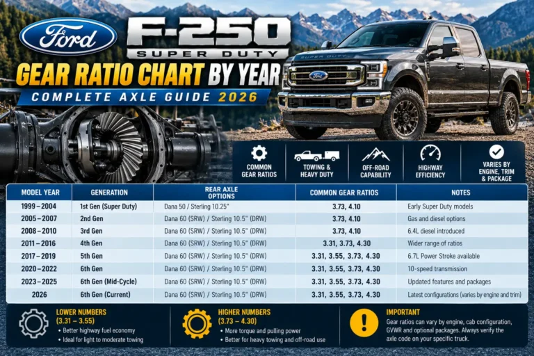 Ford F-250 gear ratio chart from 1999 to 2026, comparing rear axle options, common gear ratios, and towing applications.