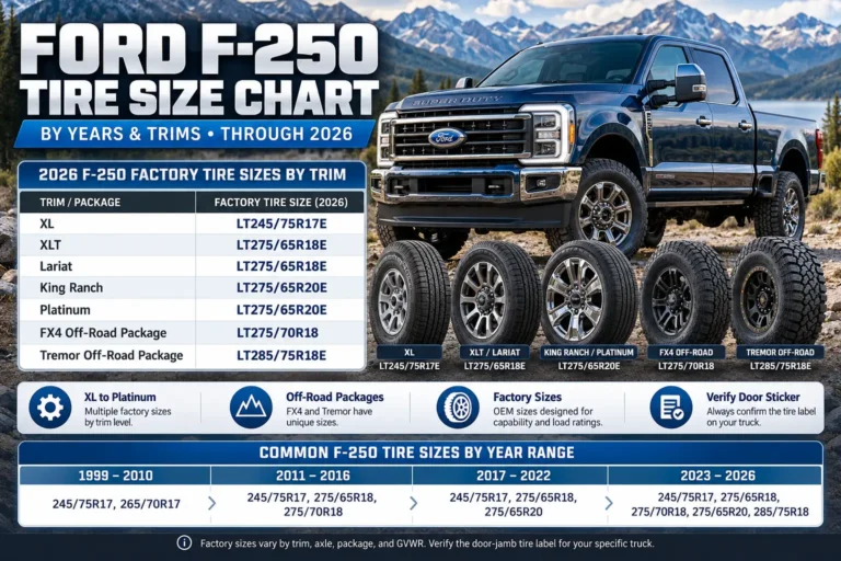 Ford F-250 tire size chart by year and trim through 2026, comparing XL, XLT, Lariat, King Ranch, Platinum, FX4, and Tremor.