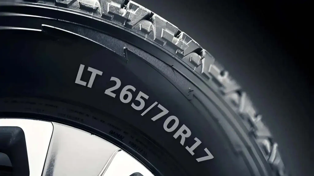 Ford F250 tire sidewall diagram explaining LT275/65R18E size markings