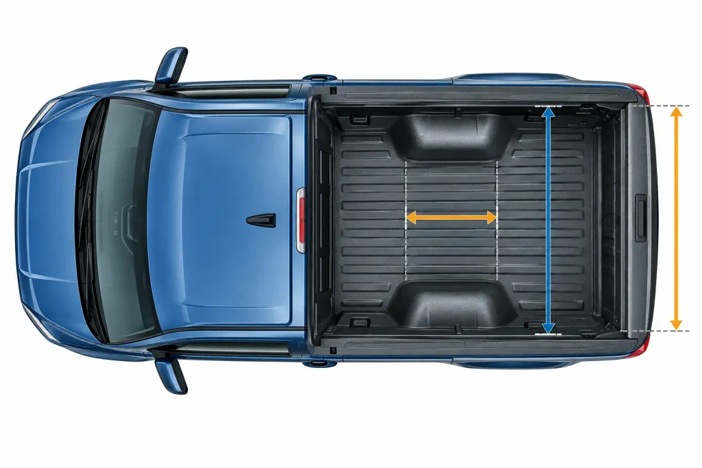 Top-view Ford Maverick bed diagram showing length and wheelhouse clearance