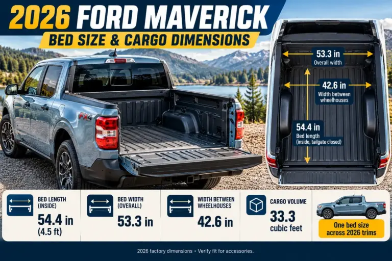 2026 Ford Maverick bed size chart showing 54.4-inch length, 53.3-inch width, 42.6-inch wheelhouse clearance, and cargo volume.