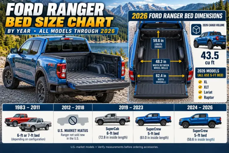 Ford Ranger bed size chart by year through 2026, comparing SuperCab and SuperCrew bed lengths, widths, and cargo dimensions.