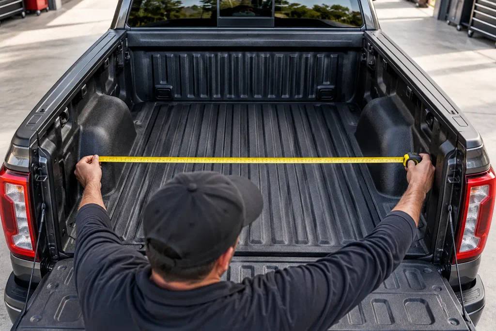 Tape measure checking clear width between Ford Ranger pickup bed wheelhouses.