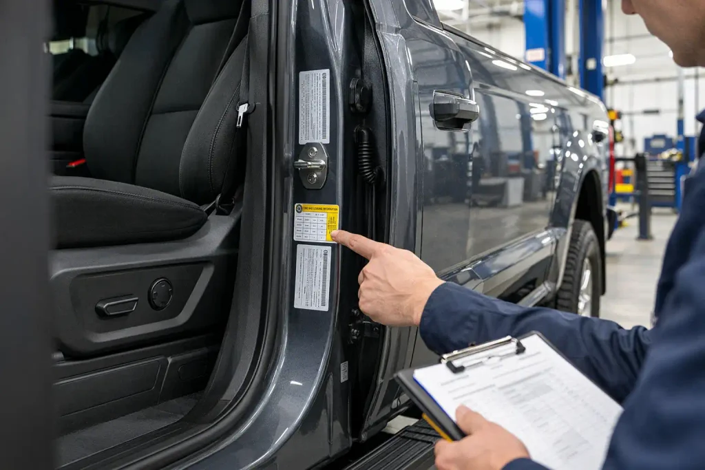 Checking a Ford Super Duty door-jamb payload label before selecting a truck