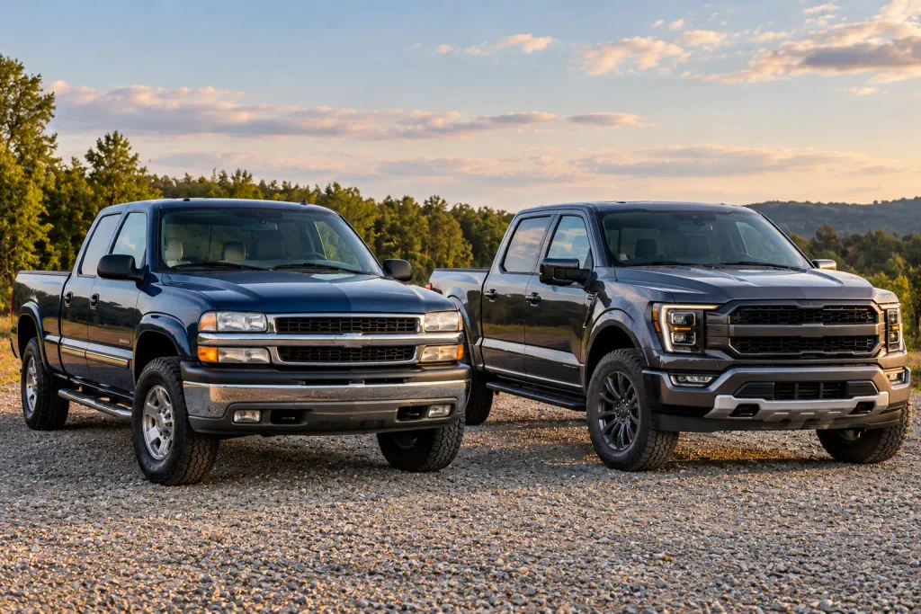 Older and newer full-size pickup trucks parked side by side outdoors